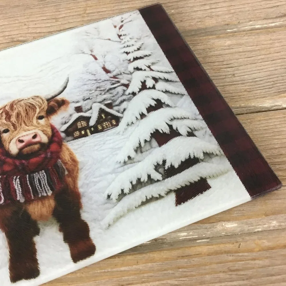 Highland Cow Winter Glass Cutting Board 11.25